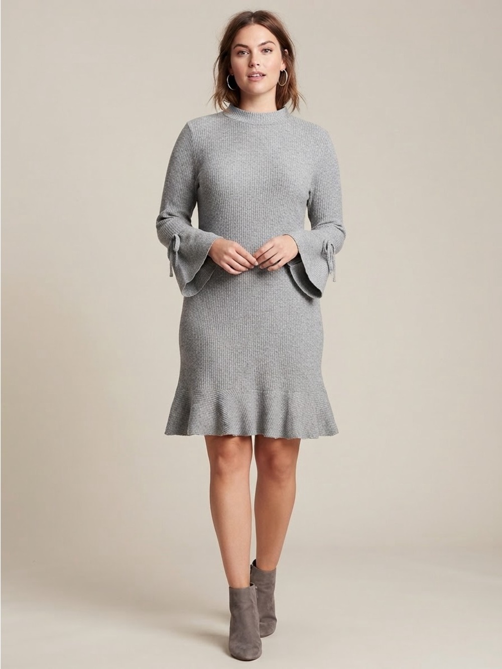 LC Lauren Conrad Gray Ribbed Long Sleeve Sweater Dress w/Flounce Ruffle Hem XL
